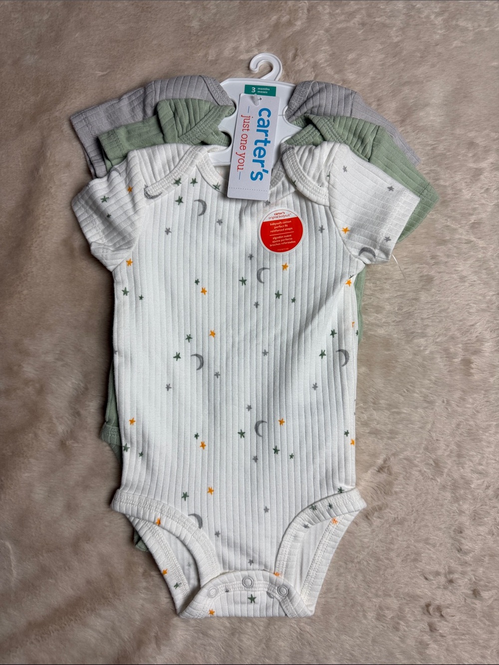 Carter’s White, Gray, and Green Baby Onesies